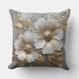 Warm Grey Gold White Modern Rustic Floral Throw Pillow