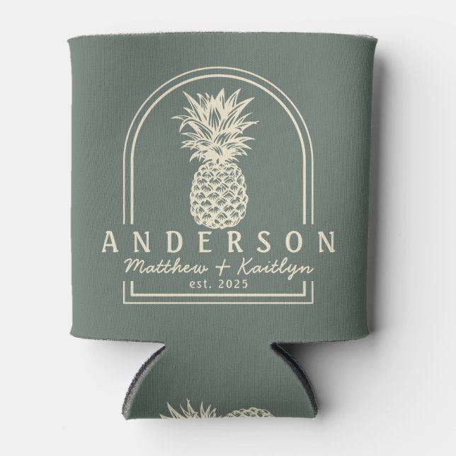Warm Grey Pineapple Wedding Arch & Name Can Cooler (Front)
