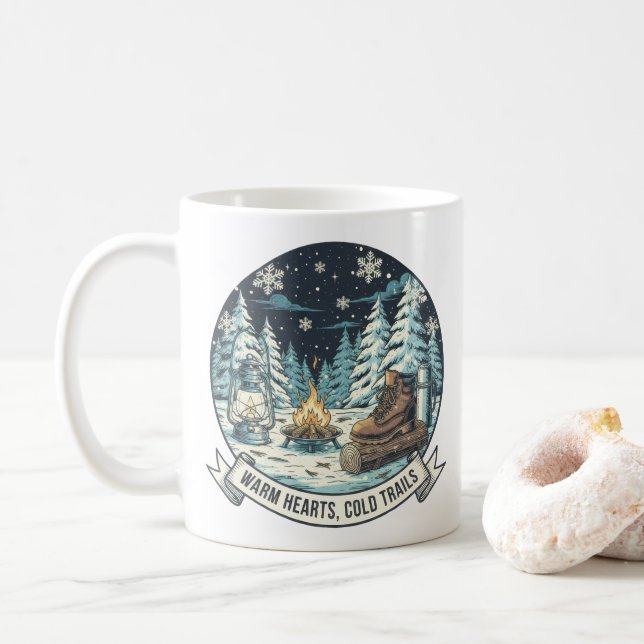 Warm Hearts Cold Trails Winter Artwork Coffee Mug (With Donut)