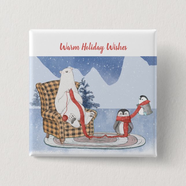 Warm Holiday Wishes Polar Bear Penguins Knit 2 Inch Square Button (Front)