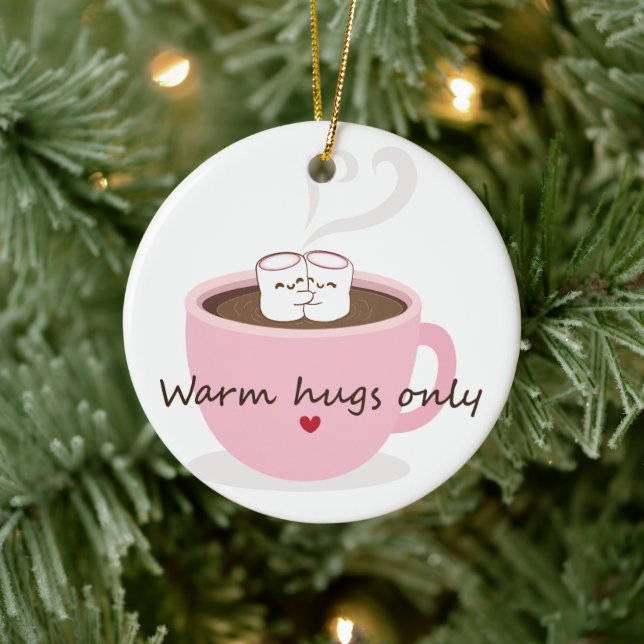Warm Hugs Only Marshmallow Cocoa Hug Doodle Ceramic Ornament (Tree)