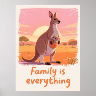 Warm Kangaroo Family Sunset Art Poster