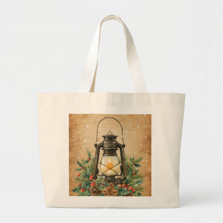 Warm lantern holly pine rustic vintage festive  large tote bag