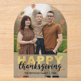 Warm Leaves Gold Script Happy Thanksgiving | Photo Acrylic Invitations