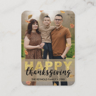 Warm Leaves Gold Script Happy Thanksgiving | Photo Enclosure Card