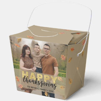 Warm Leaves Gold Script Happy Thanksgiving | Photo Favor Box