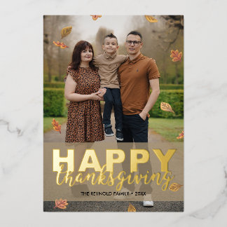 Warm Leaves Gold Script Happy Thanksgiving | Photo Foil Holiday Card