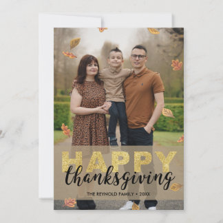 Warm Leaves Gold Script Happy Thanksgiving | Photo Holiday Card