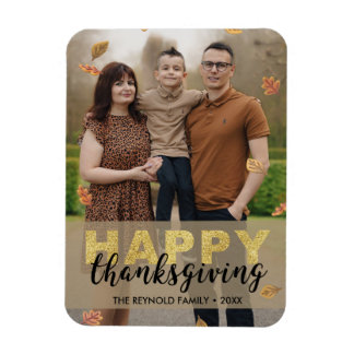 Warm Leaves Gold Script Happy Thanksgiving | Photo Magnet