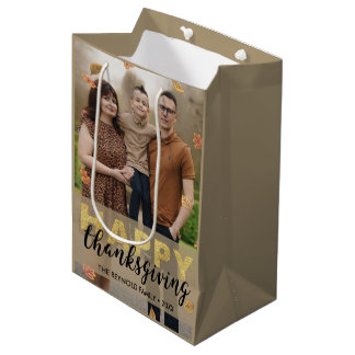 Warm Leaves Gold Script Happy Thanksgiving | Photo Medium Gift Bag