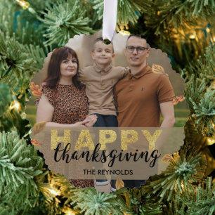 Warm Leaves Gold Script Happy Thanksgiving Photo Ornament Card
