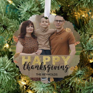Warm Leaves Gold Script Happy Thanksgiving | Photo Ornament Card