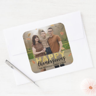 Warm Leaves Gold Script Happy Thanksgiving | Photo Square Sticker