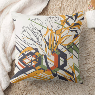Warm Mustard Geometric Floral with Tulip Details Throw Pillow