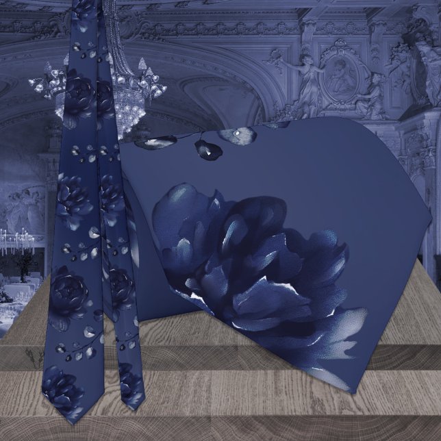 Warm Navy Blue Peony Eucalyptus Wedding Tie (Creator Uploaded)