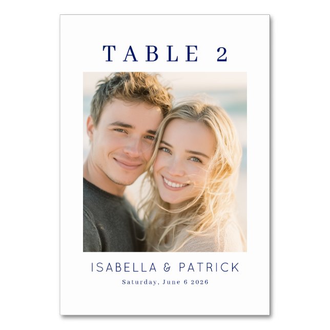 Warm Navy Minimalist Photo Table Number (Front)