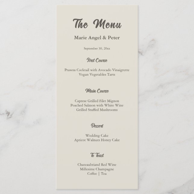 Warm Neutral Monogram Wedding Reception Menu (Front)