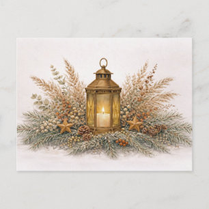 Warm Neutral Watercolor Christmas Lantern  Holiday Postcard