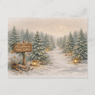 Warm Neutral Watercolor Christmas Tree Farm Winter Holiday Postcard