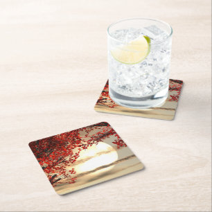 Warm night under the red tree - Digital Art Square Paper Coaster