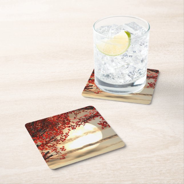 Warm night under the red tree - Digital Art Square Paper Coaster (Insitu)