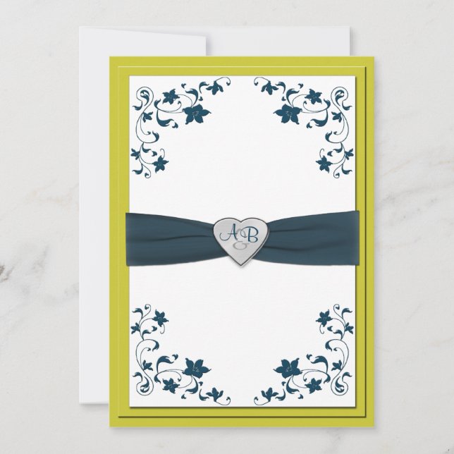Warm Olive Green and Blue Monogrammed Invitation (Front)