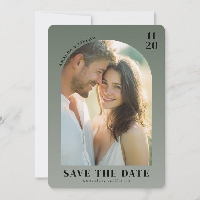 Warm Olive Green Elegant Photo Save The Date (Front)