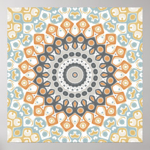 Warm Orange and Grey Geometric Mandala Pattern Poster