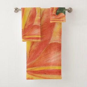 Warm orange and red Bloom floral watercolor  Bath Towel Set