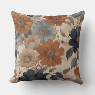 Warm Orange Beige Navy Blue Fall Floral Throw Pillow
