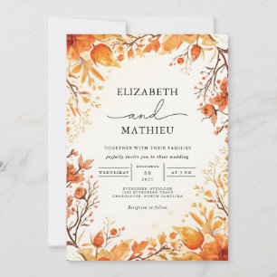 Warm Orange Floral Botanical Autumn Wedding Invitation