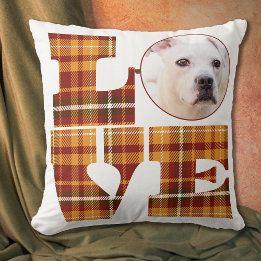Warm Orange Red Brown Plaid Love Saying Photo Throw Pillow