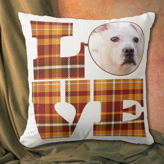 Warm Orange Red Brown Plaid Love Saying Photo Throw Pillow