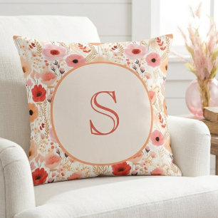 Warm Peach and Coral Poppy Floral Initial Monogram Throw Pillow