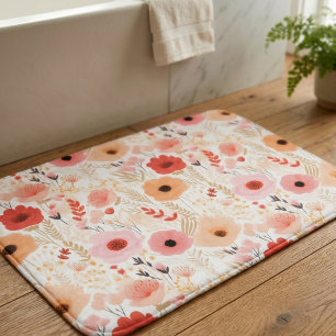Warm Peach and Coral Poppy Floral Pattern Bath Mat