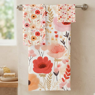 Warm Peach and Coral Poppy Floral Pattern Bath Towel Set