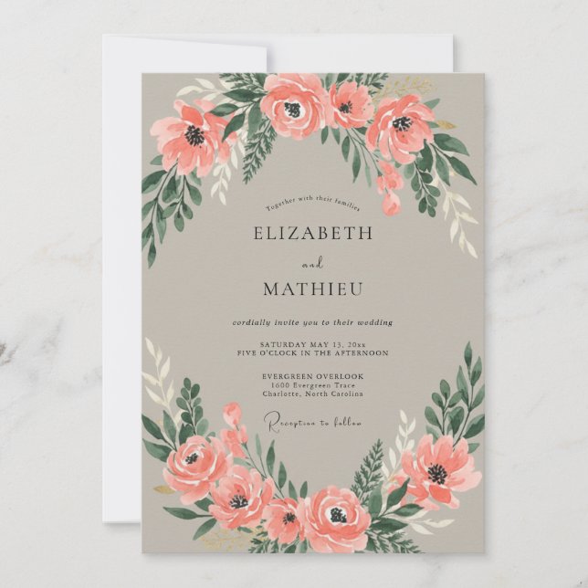 Warm Peach Anemone Wreath Wedding Invitation (Front)