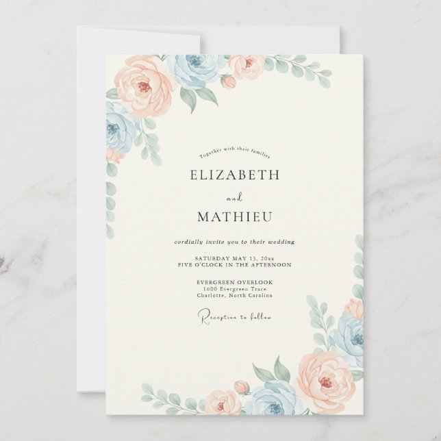 Warm Peach Cornflower Peony Wedding Invitation (Front)