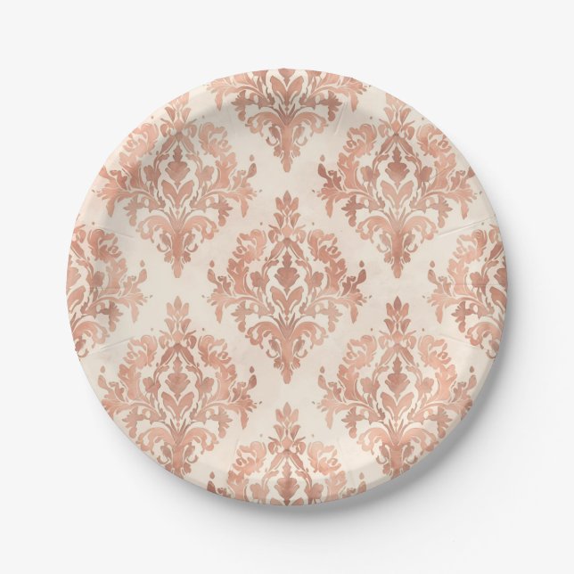 Warm Peach Damask Watercolor Ornamental Pattern Paper Plate (Front)