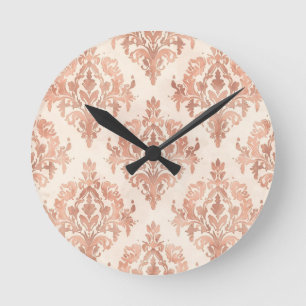 Warm Peach Damask Watercolor Ornamental Pattern Round Clock