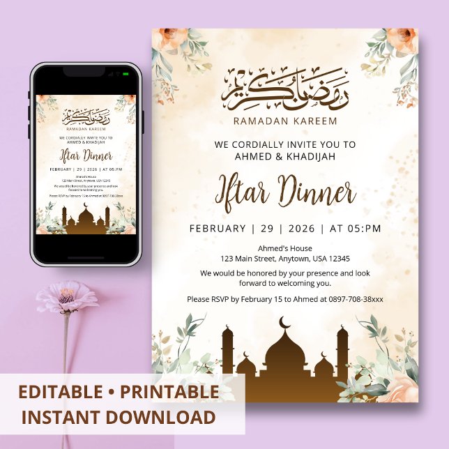 Warm Peach Floral Ramadan Iftar Dinner Invitation (Creator Uploaded)