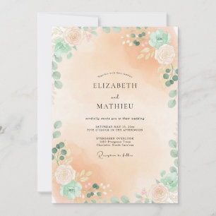 Warm Peach Mint Leafy Wedding Invitation