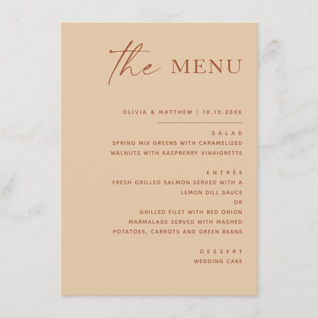 Warm Peach Sand Wedding | Soft Modern Simple Menu (Front)