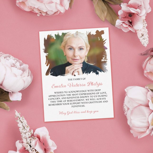 Warm Pink Brushed Borders Photo Bereavement Thank You Card (Creator Uploaded)
