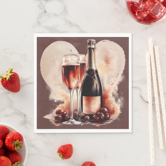 Warm Red and Tan Watercolor Champagne Bottle Napkin (Insitu)