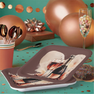 Warm Red and Tan Watercolor Champagne Bottle Paper Plate