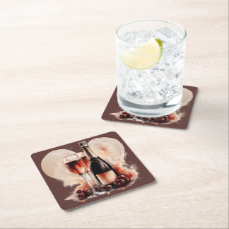 Warm Red and Tan Watercolor Champagne Bottle Square Paper Coaster