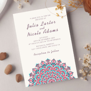 Warm Red Blue Crescent Mandala Wedding Invitation