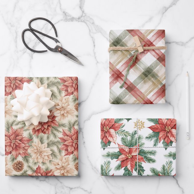 Warm Red Green Christmas Floral Stripes Wrapping Paper Sheet (Front)
