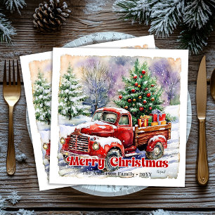 Warm red truck Christmas scene rustic paper napkin